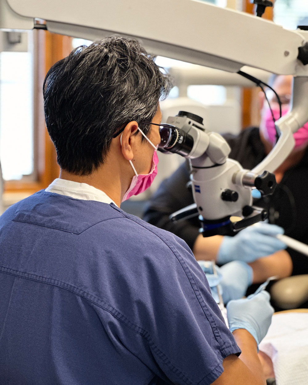 endodontist using surgical microscope